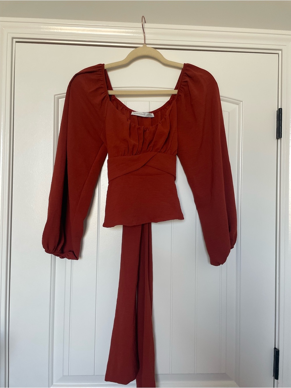 Altar'd State Brick Red Long Puff Sleeve Tie-Back Blouse